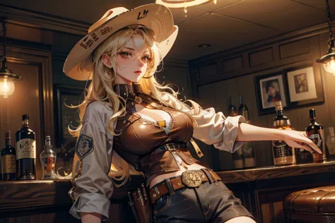 girl\(cowgirl,cowboy_hat,belt_buckle,blonde,big breast,gun holder,gun,bullet belt,western police badge on breast,holding a shot ...