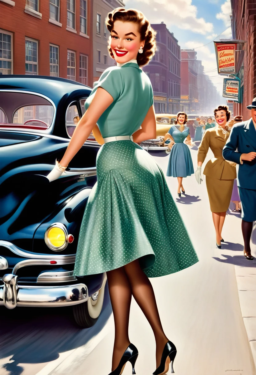 In a lively street scene from the 1950s, a stunning woman is crossing the street, (((wearing a knee-length skirt))) that accentuates her curves, and a form-fitting blouse that highlights her ample bosom, supported by a bullet bra, (((The seams of her alluring stockings draw attention))) as she smiles over her shoulder in response to a whistle from behind. The woman embodies a classic pin-up figure, with a dazzling smile and confident demeanor. Her hair is perfectly styled, complemented by matching accessories like earrings and a necklace. As she crosses the street, her skirt lifts slightly in the breeze, further accentuating her feminine contours. In the background of the street scene, additional pedestrians and classic cars contribute to the ambiance of the 1950s. The scene exudes charm and elegance, with the woman confidently and coquettishly displaying her beauty. This image captures the timeless glamour and flirtatious atmosphere of the 1950s. The scene evokes a nostalgic mood, perfectly encapsulating the beauty and dynamics of the era. The viewer is transported to a bygone era of style and elegance, with the woman's seductive allure taking center stage, from behind, wideankle shot, (view from behind:1.5),(whole person:1.5), vintage_p_style

