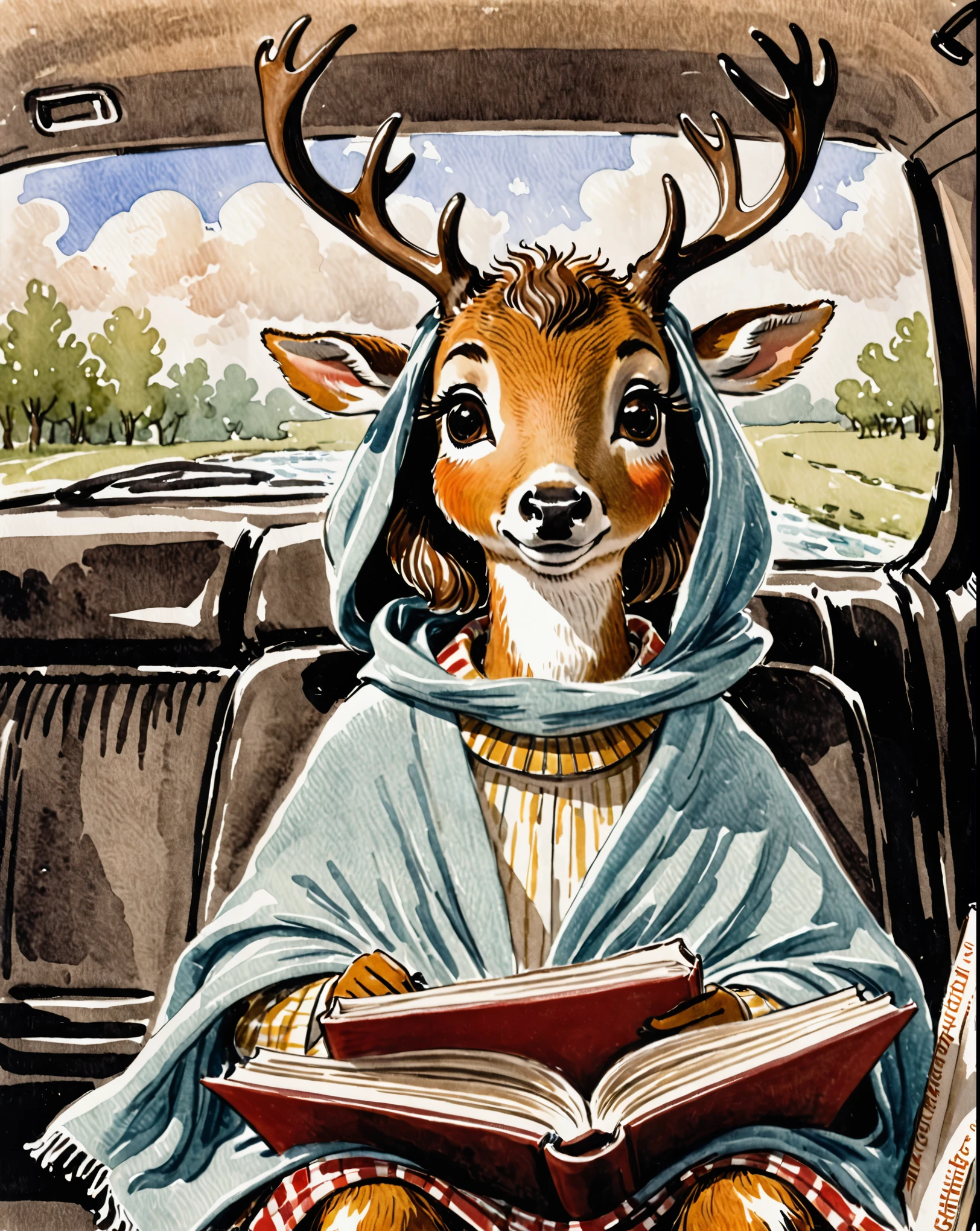 girafe dans un siège auto avec une couverture et un livre, assise dans sa voiture, an cerf anthropomorphe, magnifique mignon, le tendant à la caméra, adorable, tenue décontractée, Aww, yeux de biche aqueux, douloureusement adorable, Extrêmement mignon, Incroyablement mignon, super adorable, cerf anthropomorphe, des bois sur la tête
, croquis d&#39;un rêve lucide, Style Randolph Caldecott
