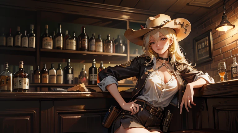 girl\(cowgirl,cowboy_hat,belt_buckle,blonde,big breast,gun holder,gun,bullet belt,western police badge on breast,holding a shot glass of whiskey,\),background\(western bar,bourbon whiskey,shiny grass of bourbon),,quality\(8k,wallpaper of extremely detailed CG unit, ​masterpiece,hight resolution,top-quality,top-quality real texture skin,hyper realisitic,increase the resolution,RAW photos,best qualtiy,highly detailed,the wallpaper,cinematic lighting,ray trace,golden ratio\),dynamic pose,dynamic angle