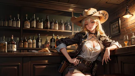 girl\(cowgirl,cowboy_hat,belt_buckle,blonde,big breast,gun holder,gun,bullet belt,western police badge on breast,holding a shot ...