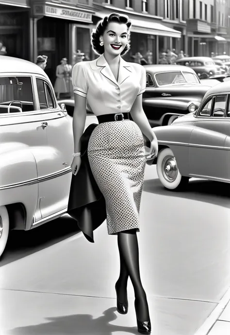 In a lively street scene from the 1950s, a stunning woman is crossing the street, (((wearing a knee-length skirt))) that accentu...