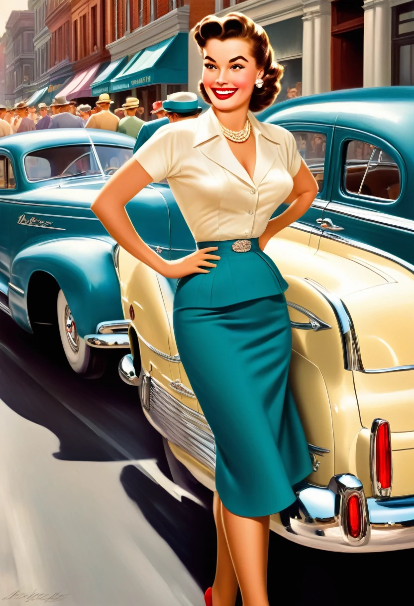 In a lively street scene from the 1950s, a stunning woman is crossing the street, (((wearing a knee-length skirt))) that accentuates her curves, and a form-fitting blouse that highlights her ample bosom, supported by a bullet bra, (((The seams of her alluring stockings draw attention))) as she smiles over her shoulder in response to a whistle from behind. The woman embodies a classic pin-up figure, with a dazzling smile and confident demeanor. Her hair is perfectly styled, complemented by matching accessories like earrings and a necklace. As she crosses the street, her skirt lifts slightly in the breeze, further accentuating her feminine contours. In the background of the street scene, additional pedestrians and classic cars contribute to the ambiance of the 1950s. The scene exudes charm and elegance, with the woman confidently and coquettishly displaying her beauty. This image captures the timeless glamour and flirtatious atmosphere of the 1950s. The scene evokes a nostalgic mood, perfectly encapsulating the beauty and dynamics of the era. The viewer is transported to a bygone era of style and elegance, with the woman's seductive allure taking center stage, from behind, wideankle shot, (view from behind:1.5),(whole person:1.5), vintage_p_style

