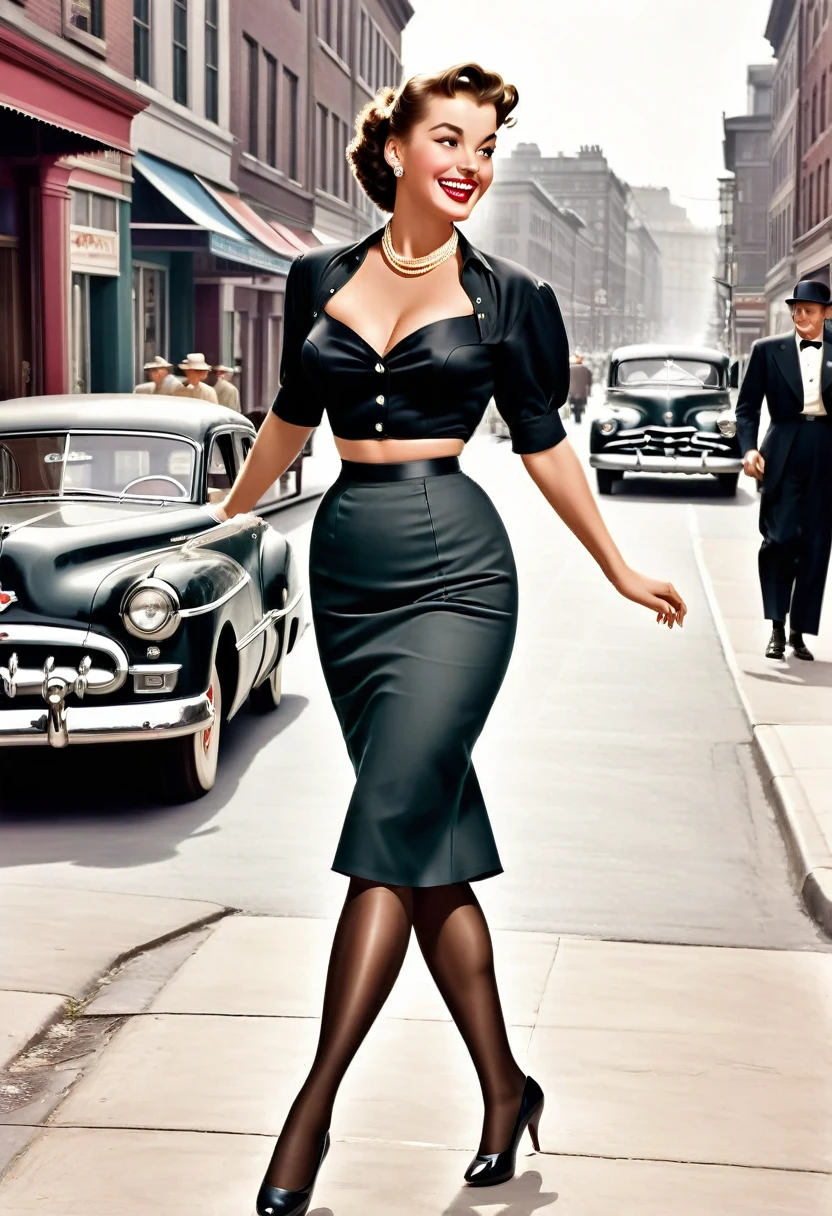 In a lively street scene from the 1950s, a stunning woman is crossing the street, (((wearing a knee-length skirt))) that accentuates her curves, and a form-fitting blouse that highlights her ample bosom, supported by a bullet bra, (((The seams of her alluring stockings draw attention))) as she smiles over her shoulder in response to a whistle from behind. The woman embodies a classic pin-up figure, with a dazzling smile and confident demeanor. Her hair is perfectly styled, complemented by matching accessories like earrings and a necklace. As she crosses the street, her skirt lifts slightly in the breeze, further accentuating her feminine contours. In the background of the street scene, additional pedestrians and classic cars contribute to the ambiance of the 1950s. The scene exudes charm and elegance, with the woman confidently and coquettishly displaying her beauty. This image captures the timeless glamour and flirtatious atmosphere of the 1950s. The scene evokes a nostalgic mood, perfectly encapsulating the beauty and dynamics of the era. The viewer is transported to a bygone era of style and elegance, with the woman's seductive allure taking center stage, from behind, wideankle shot, (view from behind:1.5),(whole person:1.5), vintage_p_style

