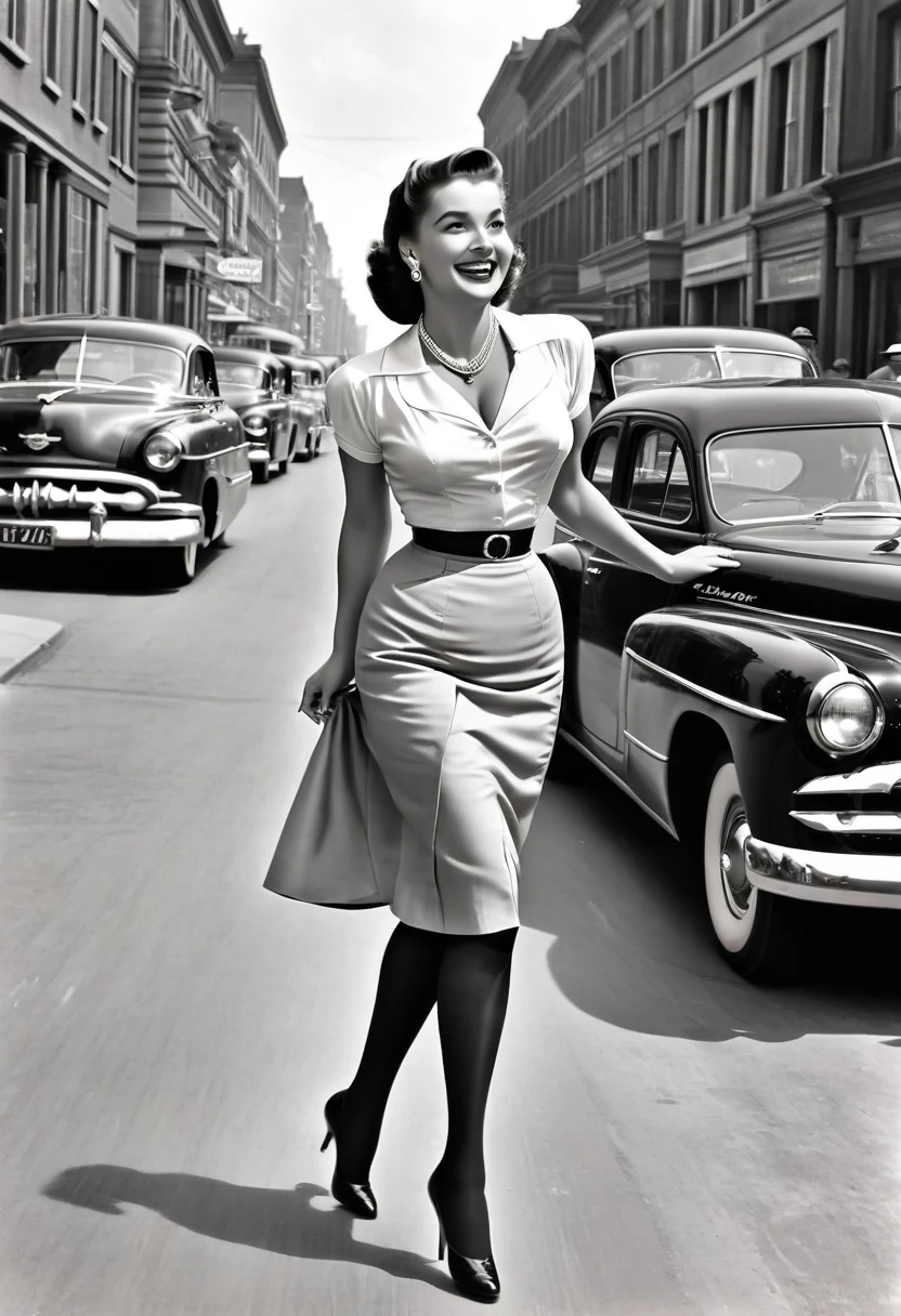 In a lively street scene from the 1950s, a stunning woman is crossing the street, (((wearing a knee-length skirt))) that accentuates her curves, and a form-fitting blouse that highlights her ample bosom, supported by a bullet bra, (((The seams of her alluring stockings draw attention))) as she smiles over her shoulder in response to a whistle from behind. The woman embodies a classic pin-up figure, with a dazzling smile and confident demeanor. Her hair is perfectly styled, complemented by matching accessories like earrings and a necklace. As she crosses the street, her skirt lifts slightly in the breeze, further accentuating her feminine contours. In the background of the street scene, additional pedestrians and classic cars contribute to the ambiance of the 1950s. The scene exudes charm and elegance, with the woman confidently and coquettishly displaying her beauty. This image captures the timeless glamour and flirtatious atmosphere of the 1950s. The scene evokes a nostalgic mood, perfectly encapsulating the beauty and dynamics of the era. The viewer is transported to a bygone era of style and elegance, with the woman's seductive allure taking center stage, from behind, wideankle shot, (view from behind:1.5),(whole person:1.5), vintage_p_style, tan nylons

