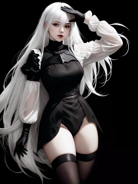 there is YoRHa No. 2 Type B , white hair, alluring expression, very bold, upper  visible, full body photo, standing legs apart, ...