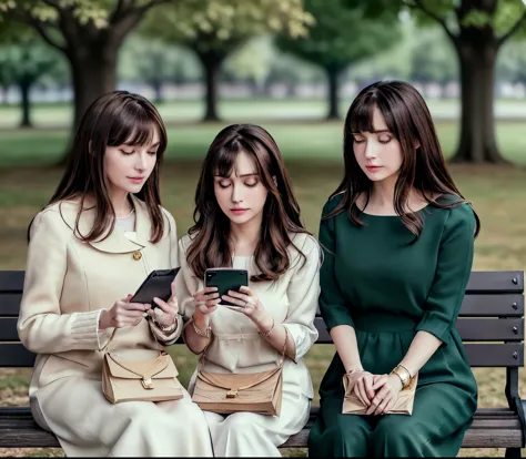 2lady, sit on it (bench end), (office staff outfit) fashionable, mature female, /(brown hair/) bangs, (looking at the phone), (m...