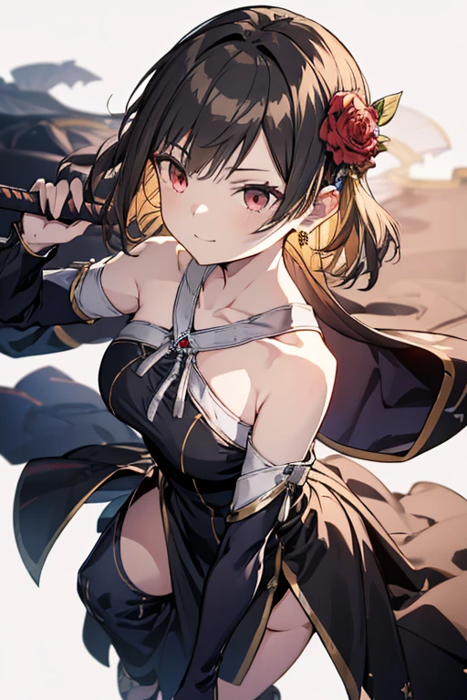 ta bruyère, belle femme de style anime, 1fille,tout le corps, heureux, sourire, red affronter, bouche fermée, Beaux yeux détaillés, peau super détaillée, rétroéclairage, Épaules nues, fond noir, black robe, black gants, cheveux noirs, seins, robe, des boucles d&#39;oreilles, fingerless gants, cheveux flottants, imprimé floral, fleur, gants, gold des boucles d&#39;oreilles, gold bandeau pour cheveux, hair fleur, ornement de cheveux, bandeau pour cheveux, holding, holding arme, bijoux, large seins, cheveux longs, regarder le spectateur, off-shoulder robe, hors épaule,les yeux rouges, cheveux courts avec de longues mèches, serrures latérales, seulement, pointes, Cuisses, two-sided robe, tissu double face, arme, position de combat , affronter, Fermer, d&#39;en haut, la plus haute qualité, haute résolution.
