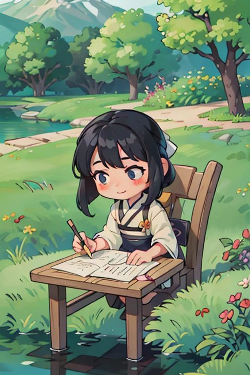 A cartoon girl is writing a book，The background is a river, Intermediate metaverse, Calligraphy outdoor table writing calligraphy 4K ultra clear ultra clear ultra detail epic streamside willow weeping willow，Black hair，Black hair，Chinese style clothes，Hanfu，Write calligraphy with a brush