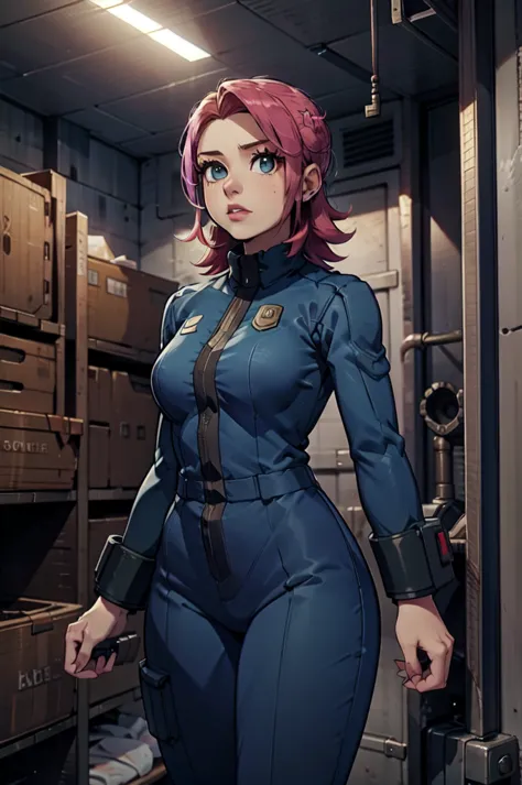 Mayl Sakurai reimagined as a vault dweller, doing maintenance in an underground vault. Her vibrant pink hair stands out against ...