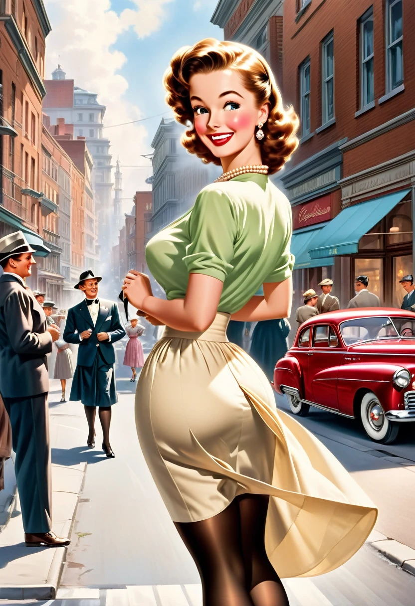 In a lively street scene from the 1950s, a stunning woman is crossing the street, (((wearing a knee-length skirt))) that accentuates her curves, and a form-fitting blouse that highlights her ample bosom, supported by a bullet bra, (((The seams of her alluring stockings draw attention))) as she smiles over her shoulder in response to a whistle from behind. The woman embodies a classic pin-up figure, with a dazzling smile and confident demeanor. Her hair is perfectly styled, complemented by matching accessories like earrings and a necklace. As she crosses the street, her skirt lifts slightly in the breeze, further accentuating her feminine contours. In the background of the street scene, additional pedestrians and classic cars contribute to the ambiance of the 1950s. The scene exudes charm and elegance, with the woman confidently and coquettishly displaying her beauty. This image captures the timeless glamour and flirtatious atmosphere of the 1950s. The scene evokes a nostalgic mood, perfectly encapsulating the beauty and dynamics of the era. The viewer is transported to a bygone era of style and elegance, with the woman's seductive allure taking center stage, from behind, wideankle shot, (view from behind:1.5),(whole person:1.5), vintage_p_style, tan nylons

