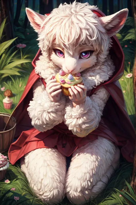 [s=" slim, female, red ridding hood, white sheep,, lamb, anthro, pink eyes, white wool, sensual,, half- closed eyes"]. s is sitt...