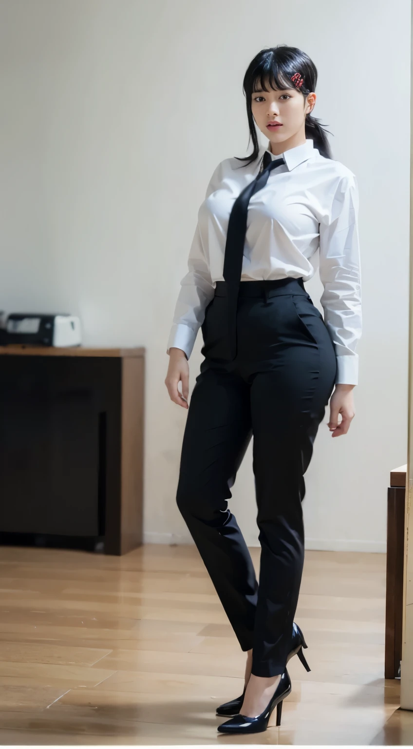 Woman in a white shirt and black tie standing in a room - SeaArt AI