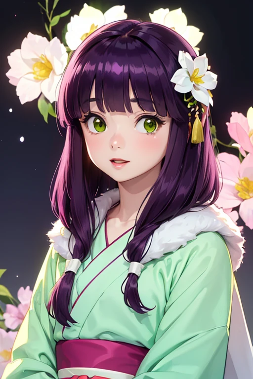 Very detailed CG Unity 8K wallpaper, Cute One lady, Mature hair、lady ,beautiful lady, pale skin (Super masterpiece, Beautiful person, well detailed face polluted smile, Photorealistic, hyper realisitic), Colorful winter kimono in pink and white colors、(white fur)、Japanese Style Hair Accessories、smile、Japanese background with light pink flowers and snow、Portrait、(ref Eyes)、(flat chest:1.3)、(Glowing Skin:1.7)、Detailed eyes、Big eyes、Open your mouth、Hide your arms、(shinobu miyake, long hair, bangs, purple hair, (green eyes:1.5)),