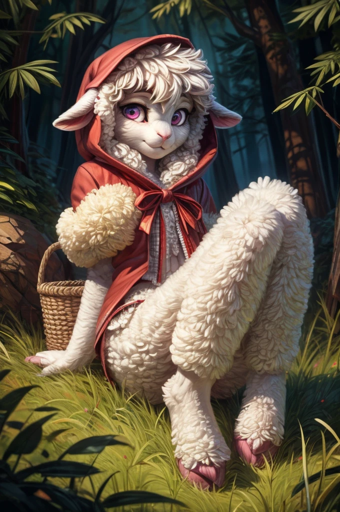 [S=" cute, slim, female, red ridding hood, white sheep,, lamb, anthro, pink eyes, white wool, sensual,, half- closed eyes, digitigrade sheep pink hooves, hands on the ground, white jacket made of wool"]. S is sitting on the knees down on the grassfloor, in the forest, next to a picnic vimini's bucket full of cupcakes, in the forest scenario, superb linework,  masterpiece, breathtaking, trending on artstation, high quality, fine illustration, good accuracy, by wlop, by pixelsketcher,  by hioshiru, vivid eyes, 