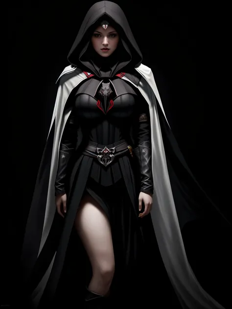 there is a woman, assassins creed , hooded, alluring expression, very bold, upper  visible, full body photo, standing legs apart...