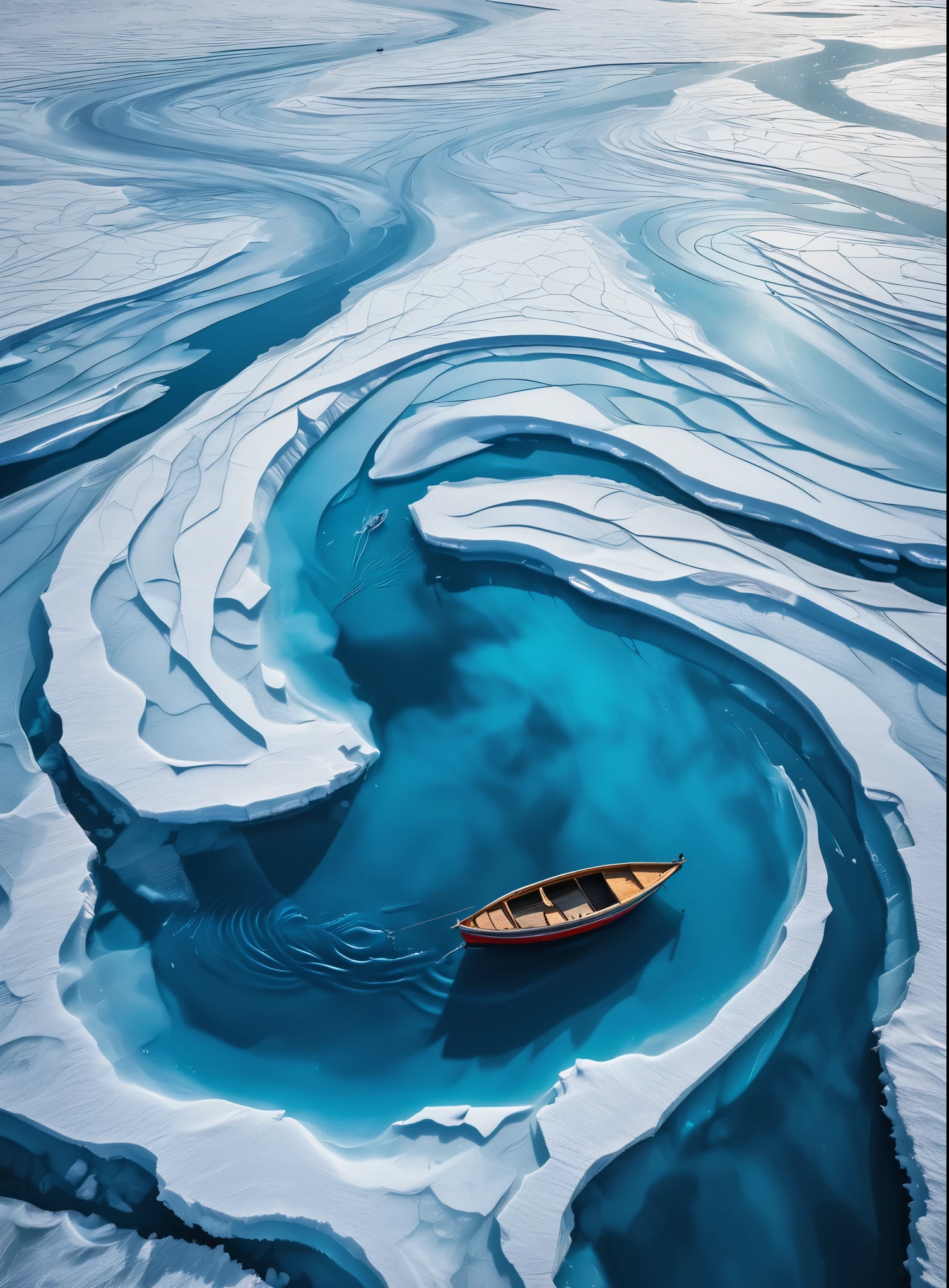 Aerial view of an ice lake with a small boat in the center, surrounded by swirling patterns andvibrant blue water. spiral abyss, The scene is captured from above in a topdown perspective.showcasing intricate details like ripples on surface and layers beneath the snowcovered ground.looking out over the icy expanse. creating a sense of aweinspiring tranquility.