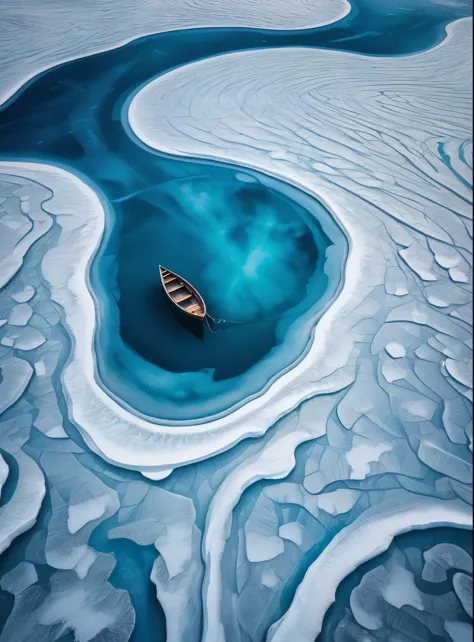 aerial view of an ice lake with a small boat in the center, surrounded by swirling patterns andvibrant blue water. spiral abyss,...