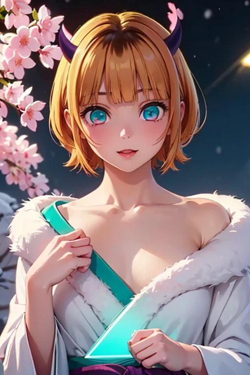 Very detailed CG Unity 8K wallpaper, Cute One lady, Mature hair、lady ,beautiful lady, pale skin (Super masterpiece, Beautiful person, well detailed face polluted smile, Photorealistic, hyper realisitic), Colorful winter kimono in pink and white colors、(white fur)、Japanese Style Hair Accessories、smile、Japanese background with light pink flowers and snow、Portrait、(ref Eyes)、(flat chest:1.3)、(Glowing Skin:1.7)、Detailed eyes、Big eyes、Open your mouth、Hide your armemcho, short hair, blonde hair, multicolored hair, horns, bangs, brown hair, black hair, blunt bangs, two-tone hair, (aqua eyes:1.3)),