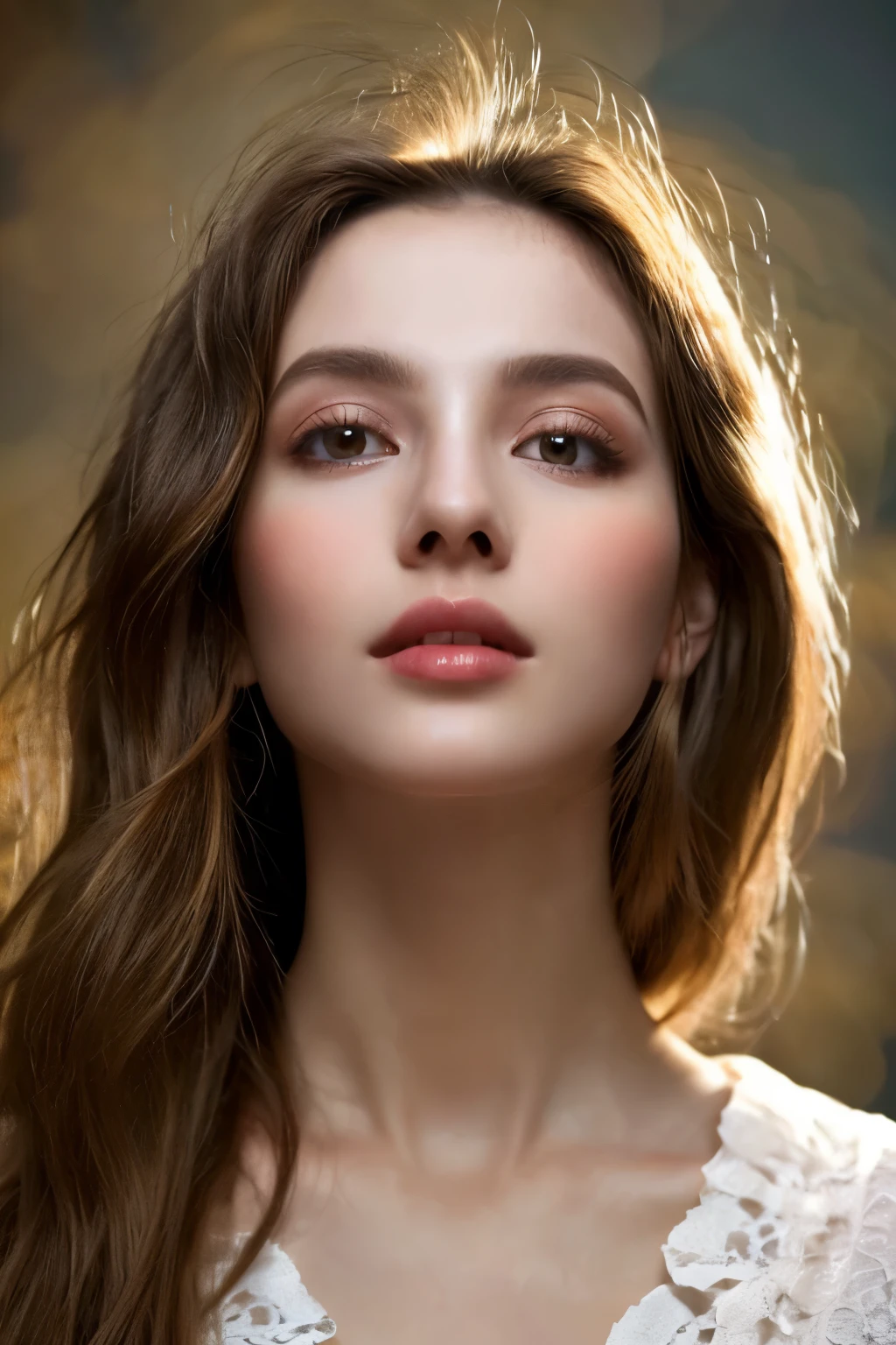 detailed skin, long flowing hair, delicate facial features, graceful pose, soft lighting, artistic painting, vibrant colors, ethereal atmosphere, mesmerizing gaze, flawless complexion, enchanting beauty, surreal background, (Wearing blouse:1.2)