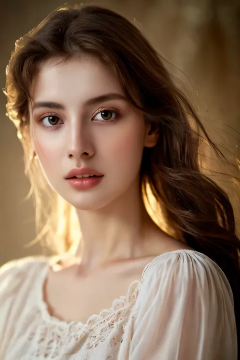 detailed skin, long flowing hair, delicate facial features, graceful pose, soft lighting, artistic painting, vibrant colors, eth...