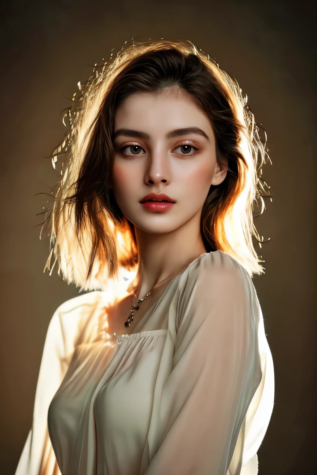 detailed skin, long flowing hair, delicate facial features, graceful pose, soft lighting, artistic painting, vibrant colors, ethereal atmosphere, mesmerizing gaze, flawless complexion, enchanting beauty, surreal background, (Wearing blouse:1.2)