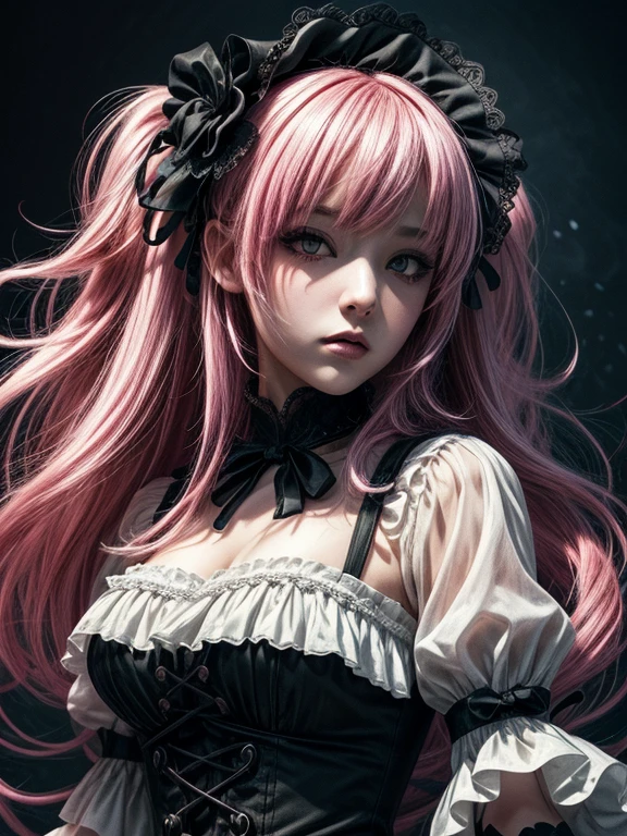 Beautiful Hardcore Illustration homepage illustration style, dark, high resolution, hard touch illustration, strong outline, gothic & lolita style, gothic & lolita fashion, 8k, American comic style, colorful background, Hiroyuki Nagasaka, aggressive, beautiful face, cool beauty, dress, beauty style, pink color, battle, Hard illustration, pink hear,