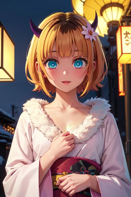 Very detailed CG Unity 8K wallpaper, Cute One lady, Mature hair、lady ,beautiful lady, pale skin (Super masterpiece, Beautiful person, well detailed face polluted smile, Photorealistic, hyper realisitic), Colorful winter kimono in pink and white colors、(white fur)、Japanese Style Hair Accessories、smile、Japanese background with light pink flowers and snow、Portrait、(ref Eyes)、(flat chest:1.3)、(Glowing Skin:1.7)、Detailed eyes、Big eyes、Open your mouth、Hide your armemcho, short hair, blonde hair, multicolored hair, horns, bangs, brown hair, black hair, blunt bangs, two-tone hair, (aqua eyes:1.3)),