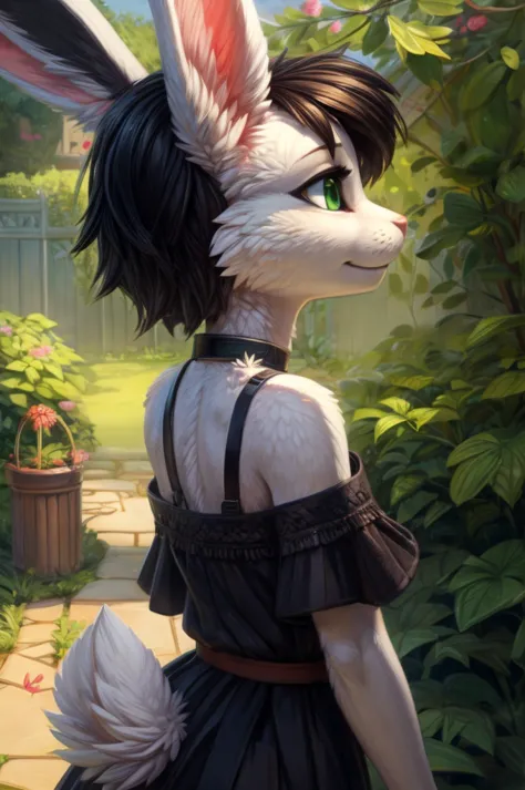 [B="slim, cute, female, white bunny, anthro, fluffy, nice fur, jade green eyes, elegant, shoulderless, lose black dress, black c...