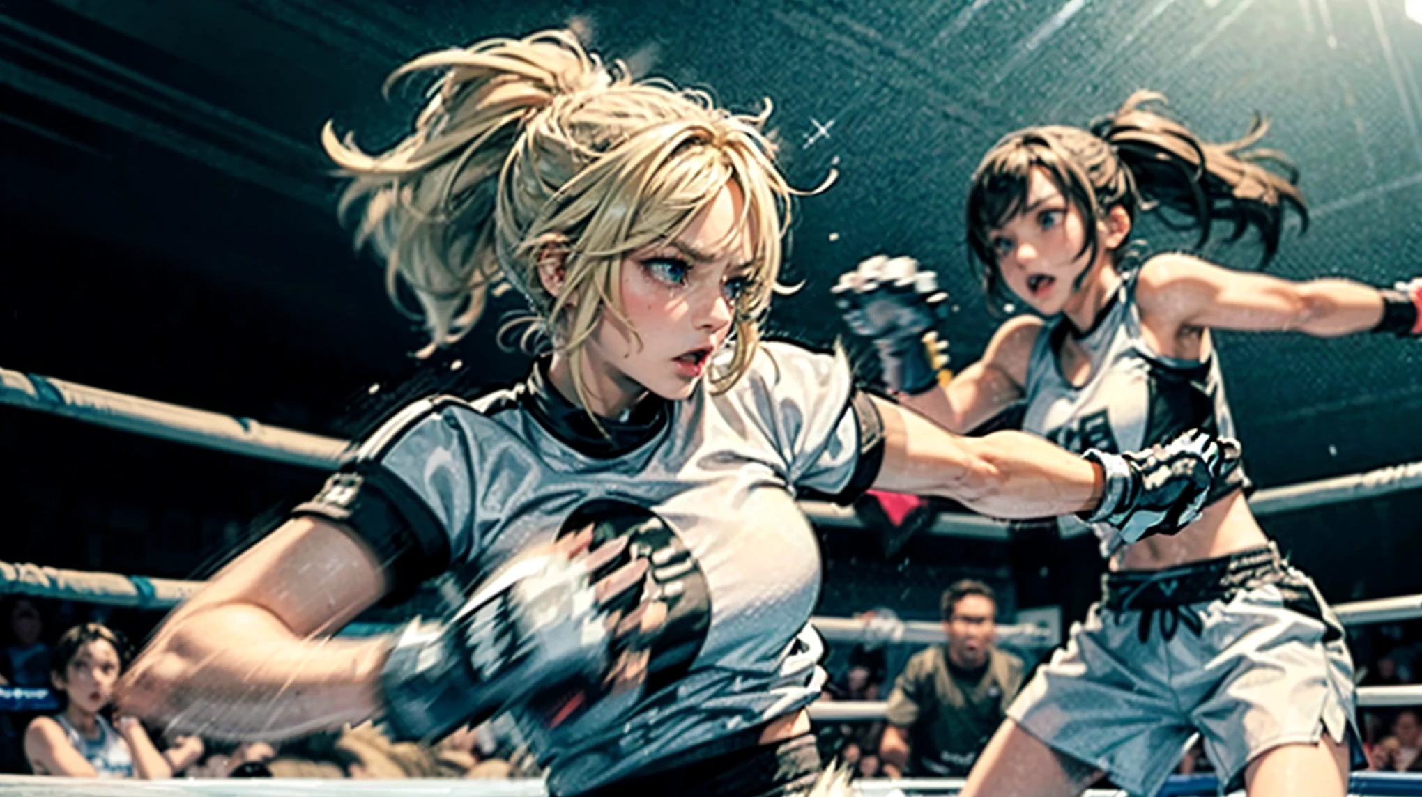 Highly detailed CG unit 8K wallpaper, masterpiece, High resolution, highest quality, highest quality real texture skin,surreal, Digital Painting,Increase the resolution,RAW photos highest quality,Very detailed,wallpaper,two Teen women,two Teen women are hard pancing each other at boxing fight,2Women,Teen,cute,cute,Hair is floating,Messy Hair,Blonde and brunette,Messy Hair,Ponytail and short hair,Skin color is white,Eye color is blue or black,Shining Eyes,Big eyes,chest,Sportswear,Angry face,Punching each other,(Boxing gloves),(Dynamic pose:1.2),(Dynamic Angle:1.4),Sweat, BREAK ,(Gloves motion blur:1.8),Boxing Ring,1 boxing referee,audience,(Be sure to draw the hand accurately),[Browsing Caution:2.0],