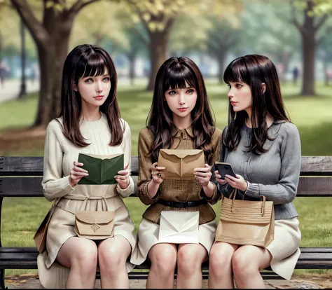 2lady, sit on it (bench end), (office staff outfit) fashionable, mature female, /(brown hair/) bangs, (looking at the phone), (m...