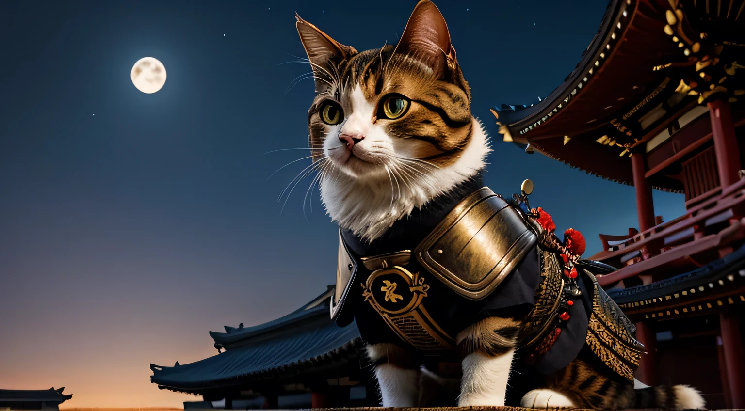 Anthropomorphic Cat in full samurai armour, photorealistic, standing in front of a temple, in the moonlight, view from below looking up