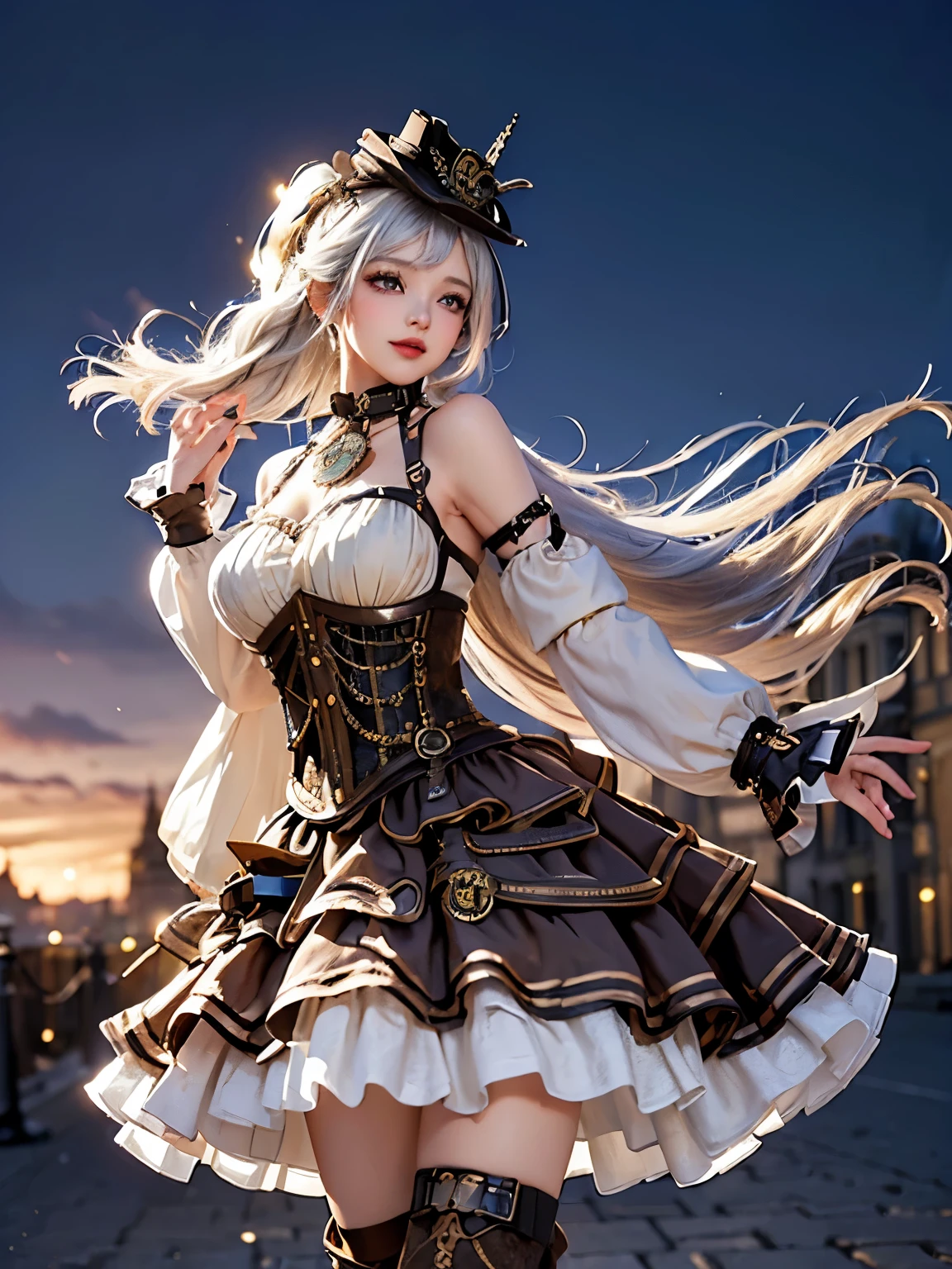 ((steampunk:1.5))(Background: London at night))((alone、A woman wearing a long halter dress、Elegant woman posing:1.4、Detailed face、Bright expression、Younger, brighter, whiter skin、Best Looks、The ultimate beauty、Silver hair with dazzling highlights、Shiny bright hair,、arranged hairstyle:1.2、hair dancing in the wind、Backlight,A little bit of sideboob is visible)),cyb dress, layered dress, frilled dress, frills, corset,sideboob, long sleeves, hat, knee boots
