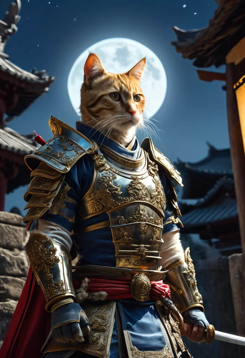 Anthropomorphic Cat in full samurai armour, photorealistic, standing in front of a temple, in the moonlight, view from below looking up