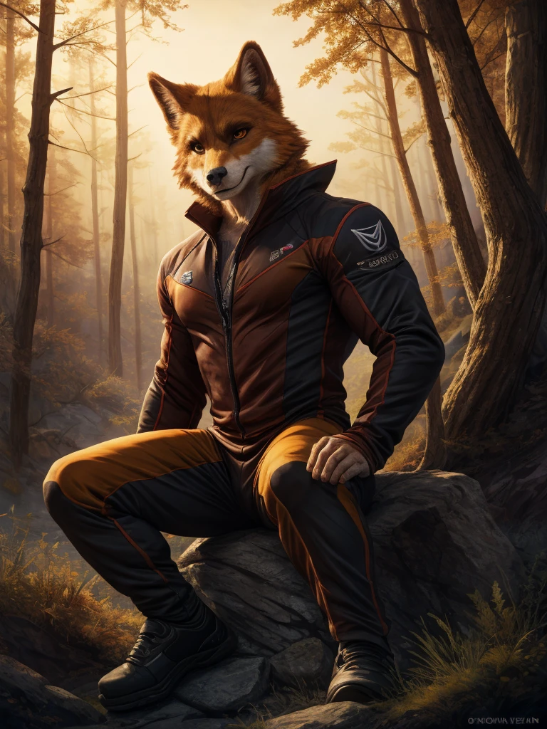 animal-like metamorph, fluffy ginger anthropomorphic fox sitting by the fire in a coniferous forest, brown eyes, brutal, scars, muscular body, sports suit, masterpiece, anime style, rich colours, distant shot wide view full length, surrealism, ultra-detailed, science fiction film, Netflix style, concept sketch-art, comic book, grunge, digital painting, ink, watercolor, graphite pencil, gel pen, volume, 1024k, clear outline