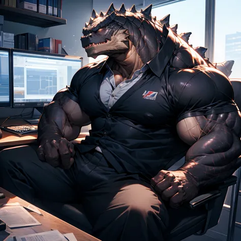Muscle Godzilla, Bodybuilder, Wear a long-sleeved white collar shirt, dress, black trousers, Sleeping in an office chair, Shiny ...