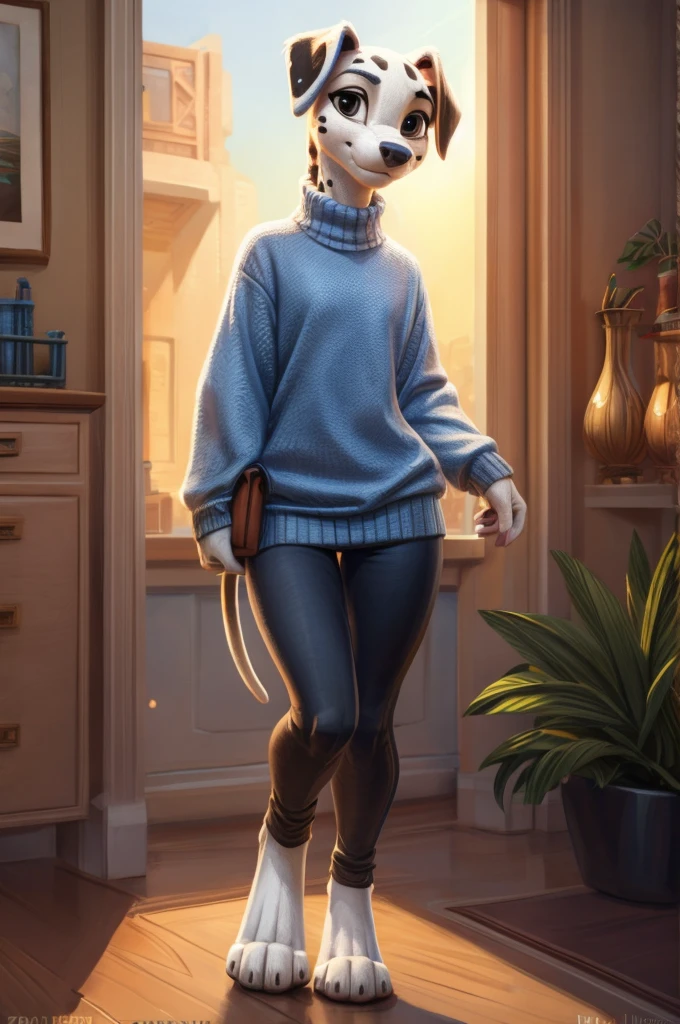 [D=" schlank, jung, Teenager, Niedlich, damlatian, weiblich, anthro, Schön, digitalgrad socken, oversized schlank blue sweater, enge Leggings, schwarze Dalmatiner Punkte"], D in einem Raum mit wärmendem Sonnenlicht, Schön furry art, Meisterwerk, Atemberaubend, Trends auf ArtStation, hervorragende Linienführung, sehr gute Abbildung, sehr detailliert, by hioshiru, by zaush, von Pixelsketcher.  beiläufiges Foto.