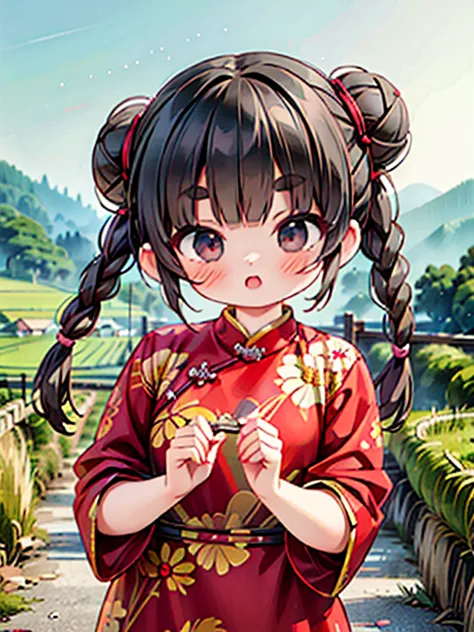 4K，High resolution，Realistic，Very young woman，10 years old，Little kid，Black Hair，Thick eyebrows，Blunt bangs，Braided twin bun hai...