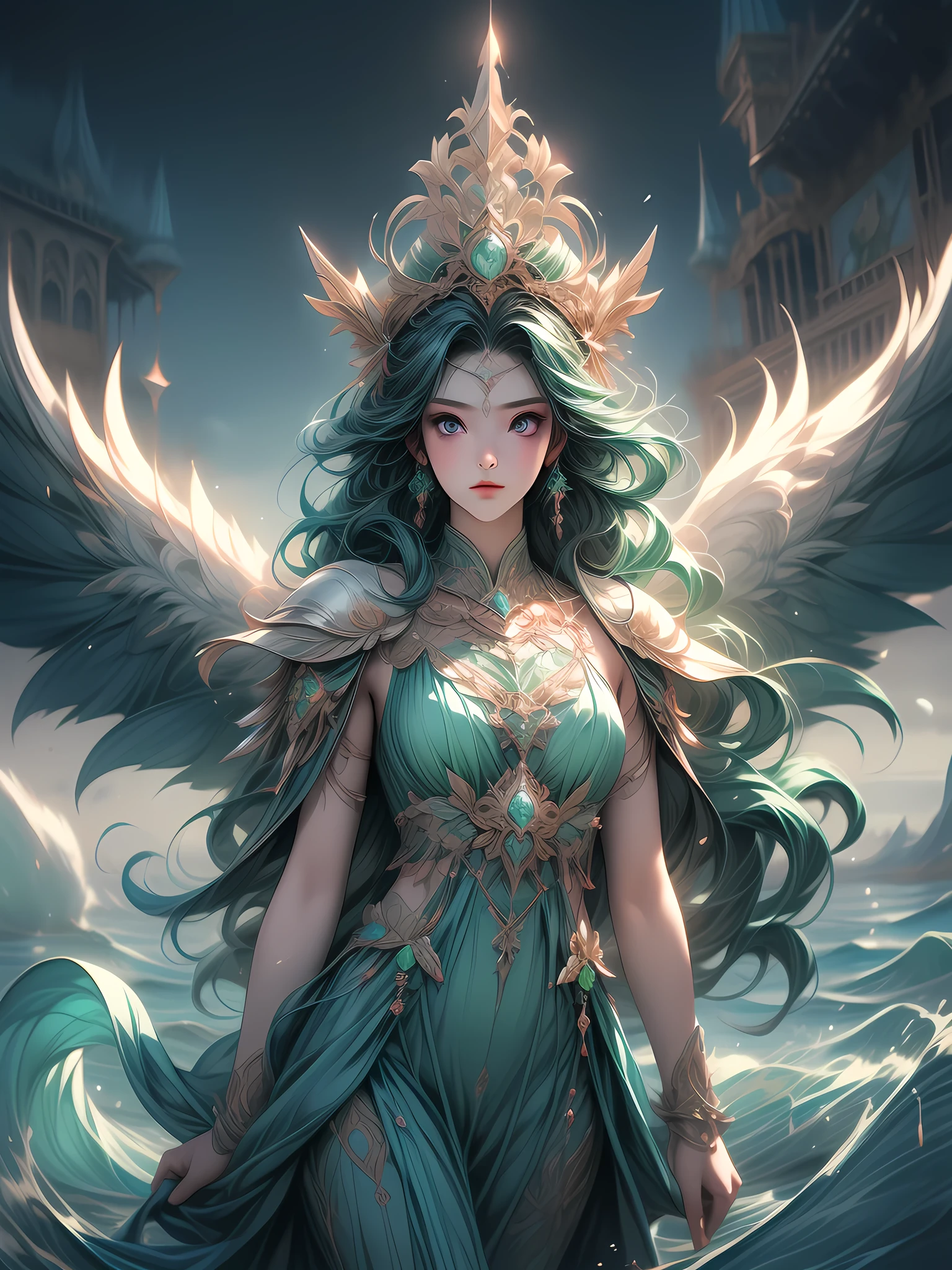 high details, best quality, 8k, [ultra detailed], masterpiece, best quality, (extremely detailed), full body, ultra wide shot, photorealistic, fantasy art, dnd art, rpg art, realistic art, an ultra wide picture of a female human (1.5 intricate details, Masterpiece, best quality) godess of water  ((watery radiant aura)), controlling a swirling streams of watery magic (1.5 intricate details, Masterpiece, best quality), manipulating purple radiant magical symbols, [[divine symbols]] (1.5 intricate details, Masterpiece, best quality), human female, blue  hair, long hair with aura, hair with green radiant eyes, intense eyes, holding a trident, ((radiant eyes)), (( green glowing eyes)), dynamic clothing, fantasy sea background, stresms of sea water,  celestial  background, ((divine worship atmosphere)), high details, best quality, highres, ultra wide angle, Ice_Cicin