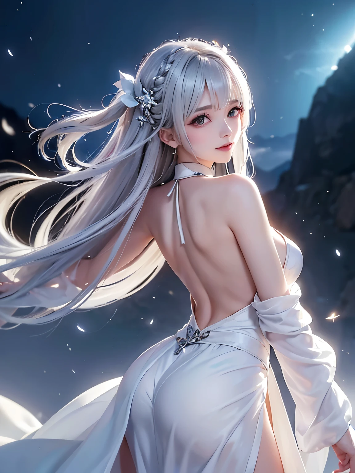 ((alone、A woman wearing a long halter dress、Elegant woman posing:1.4、Detailed face、Bright expression、Younger, brighter, whiter skin、Best Looks、The ultimate beauty、Silver hair with dazzling highlights、Shiny bright hair,、arranged hairstyle:1.2、髪がwindで踊る、A little bit of sideboob is visible))(night、wind、London at night、幻想的なwind景、Particles of light、White Dust、Dust flutters)
