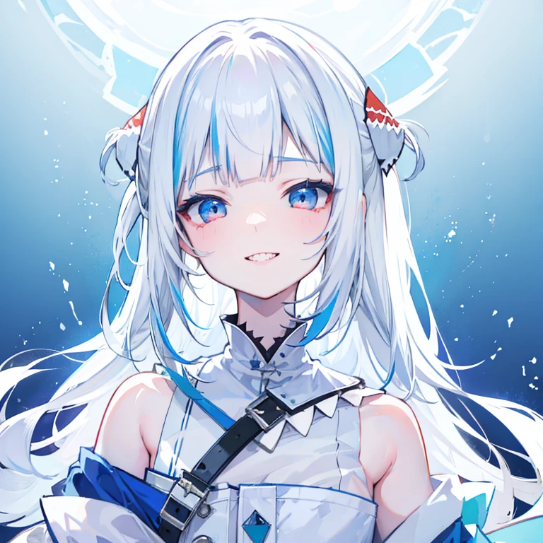 girl, Light blue and white hair, pale, Lips, White background, Straight Hair, Bangs, Pale white eyes, confident, Sharp Teeth, Shark Teeth, Smile, Lovely