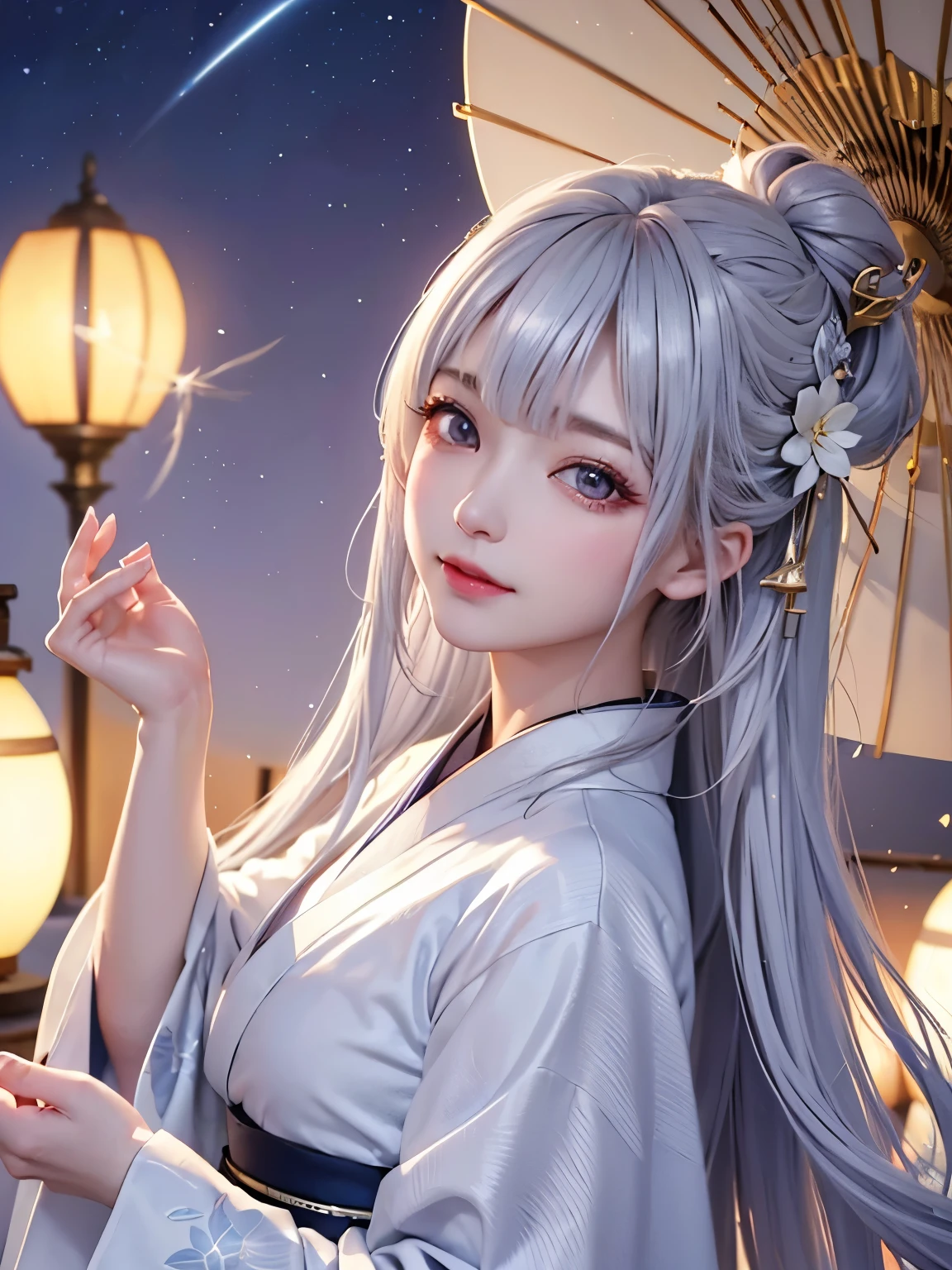 ((alone、A courtesan wearing a kimono loosely、Elegant woman posing:1.4、Detailed face、Bright expression、Younger, brighter, whiter skin、Best Looks、The ultimate beauty、Silver hair with dazzling highlights、Shiny bright hair,、arranged hairstyle:1.2、髪がWindで踊る))(night、Wind、nightのロンドン、幻想的なWind景、Particles of light、White Dust、Dust flutters)
