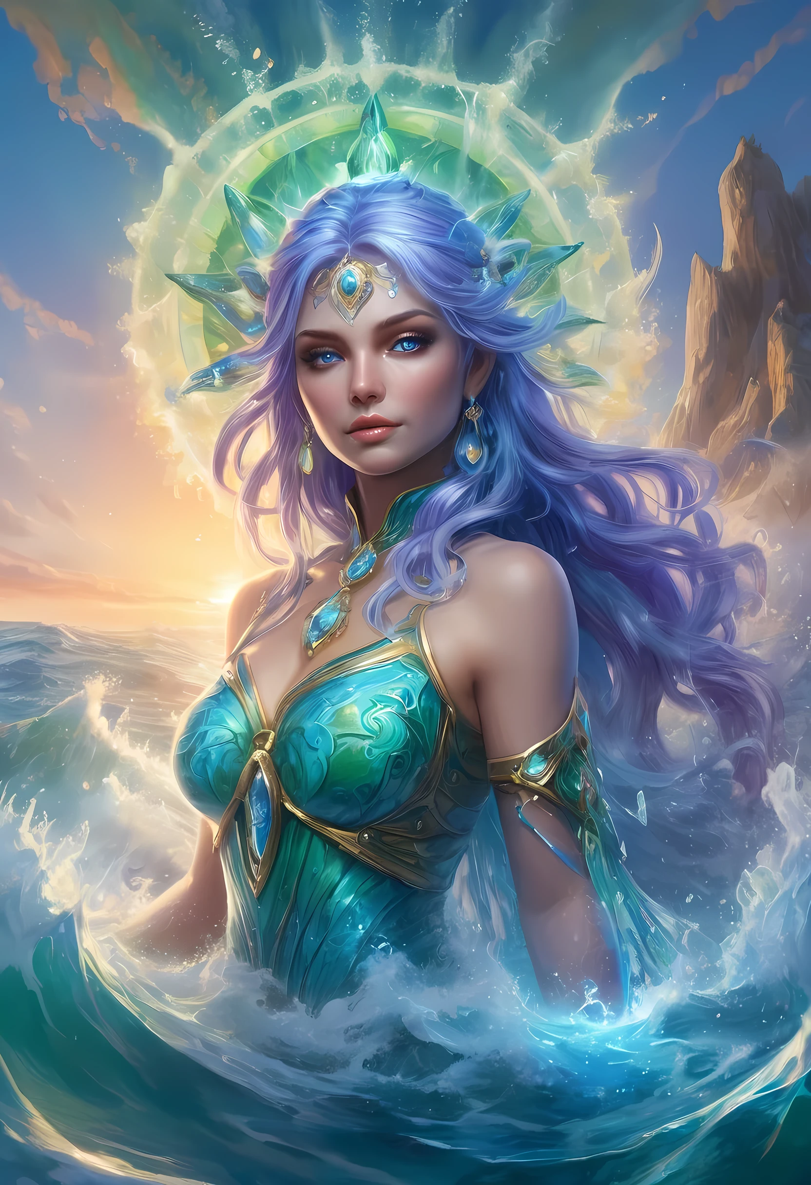 high details, best quality, 8k, [ultra detailed], masterpiece, best quality, (extremely detailed), full body, ultra wide shot, photorealistic, fantasy art, dnd art, rpg art, realistic art, an ultra wide picture of a female human (1.5 intricate details, Masterpiece, best quality) goddess of water  ((watery radiant aura)), controlling a swirling streams of watery magic (1.5 intricate details, Masterpiece, best quality), manipulating purple radiant magical symbols, [[divine symbols]] (1.5 intricate details, Masterpiece, best quality), human female, blue  hair, long hair with aura, hair with green radiant eyes, intense eyes, holding a trident, ((radiant eyes)), (( green glowing eyes)), dynamic clothing, fantasy sea background, stresms of sea water,  celestial  background, ((divine worship atmosphere)), high details, best quality, highres, ultra wide angle, crystalline dress, faize