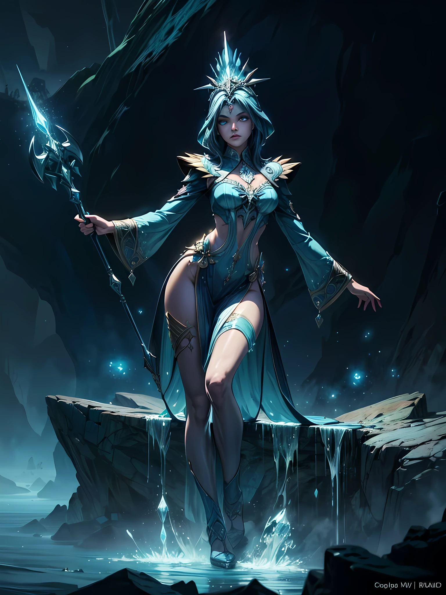 high details, best quality, 8k, [ultra detailed], masterpiece, best quality, (extremely detailed), full body, ultra wide shot, photorealistic, fantasy art, dnd art, rpg art, realistic art, an ultra wide picture of a female human (1.5 intricate details, Masterpiece, best quality) godess of water  ((watery radiant aura)), controlling a swirling streams of watery magic (1.5 intricate details, Masterpiece, best quality), manipulating purple radiant magical symbols, [[divine symbols]] (1.5 intricate details, Masterpiece, best quality), human female, blue  hair, long hair with aura, hair with green radiant eyes, intense eyes, holding a trident, ((radiant eyes)), (( green glowing eyes)), dynamic clothing, fantasy sea background, stresms of sea water,  celestial  background, ((divine worship atmosphere)), high details, best quality, highres, ultra wide angle, Ice_Cicin