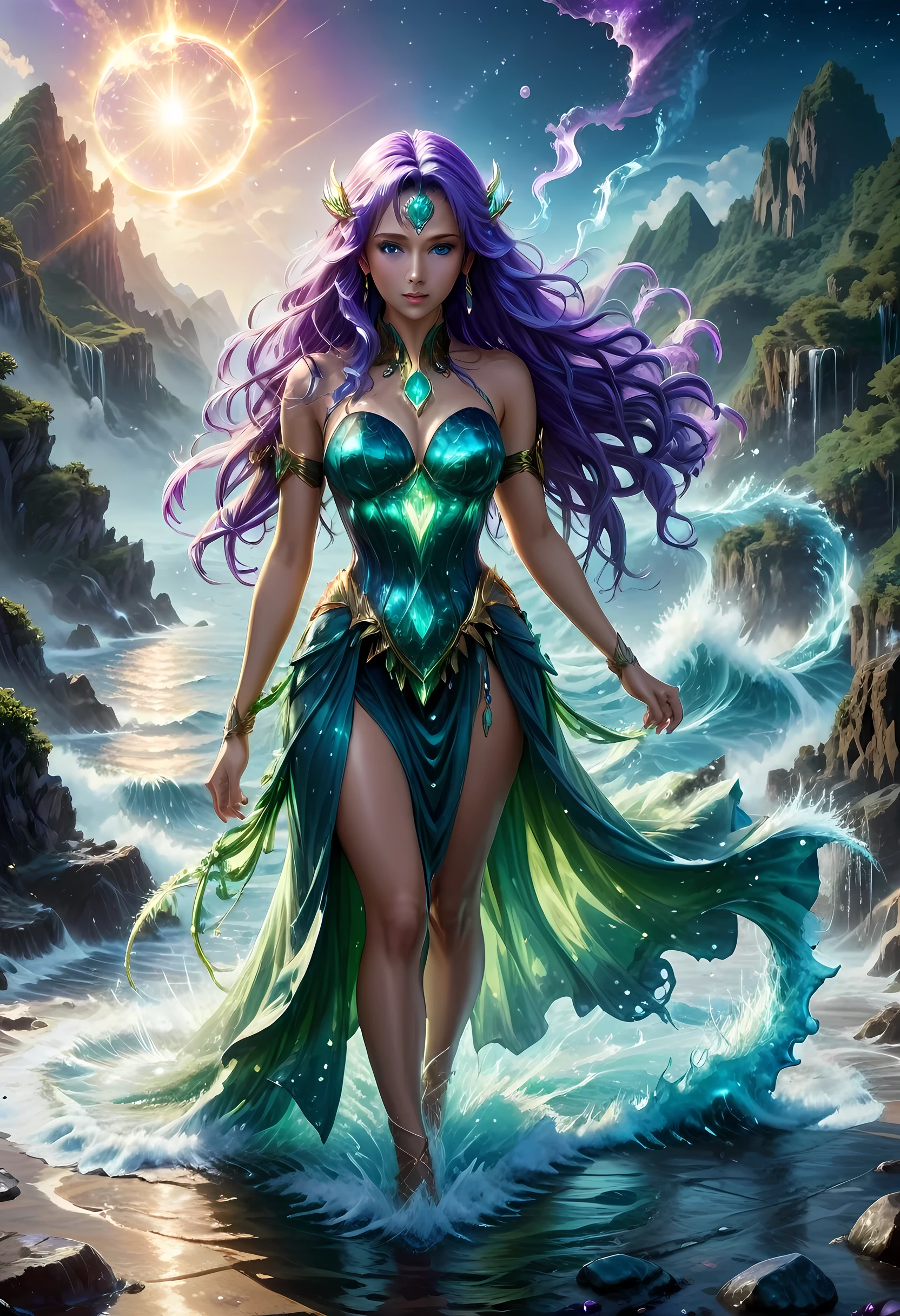 high details, best quality, 8k, [ultra detailed], masterpiece, best quality, (extremely detailed), full body, ultra wide shot, photorealistic, fantasy art, dnd art, rpg art, realistic art, an ultra wide picture of a female human (1.5 intricate details, Masterpiece, best quality) goddess of water  ((watery radiant aura)), controlling a swirling streams of watery magic (1.5 intricate details, Masterpiece, best quality), manipulating purple radiant magical symbols, [[divine symbols]] (1.5 intricate details, Masterpiece, best quality), human female, blue  hair, long hair with aura, hair with green radiant eyes, intense eyes, holding a trident, ((radiant eyes)), (( green glowing eyes)), dynamic clothing, fantasy sea background, stresms of sea water,  celestial  background, ((divine worship atmosphere)), high details, best quality, highres, ultra wide angle, crystalline dress, faize