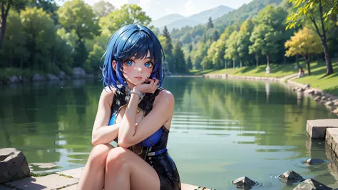 beautiful detailed eyes, short hair, blue hair, glowing skin, fashionable outfit, confident pose, peaceful atmosphere, vibrant c...