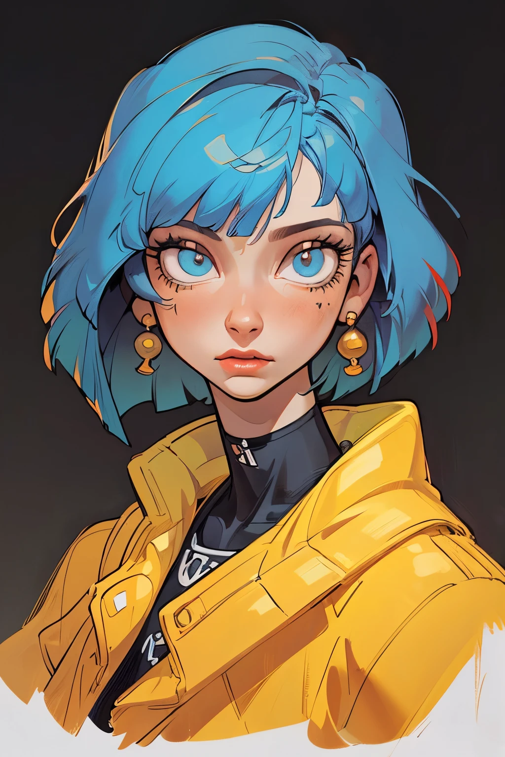 (Style by NTY:1.4), (top-quality、​masterpiece:1.2) 1woman, detailed oil portraiture art of a character, loose oil paint, thick paint, portrait, video game character art, female, black background, stunning, perfect artwork, bob cut, street wear, yellow dyed red at the ends, blue eyes
