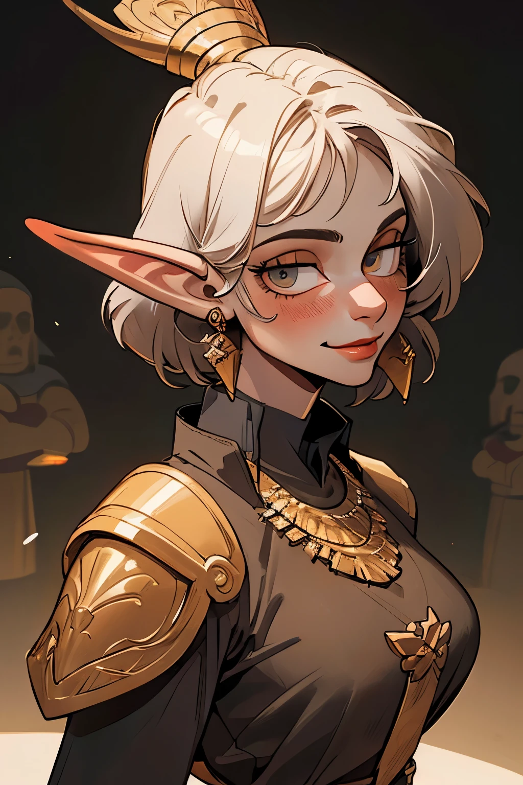 best quality,masterpiece,masterpiece portrait,intricate details,epic light,fantasy,Dungeons & Dragons,Retro,priest,dark elf,1girl,Wooden table,tavern,gray skin,An elegant smile,Squint,Close-up Portrait of a Mycenaean female Drow Person wearing golden jewelry, Spiders:0.9, webs:1.0, Fantasy, Volumetric lighting, concept art, brush stroke style, artstation, trending, highly detailed, art by greg rutkowski  