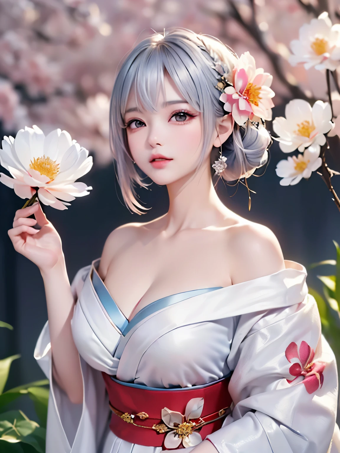 ((alone、A woman wearing a kimono with a flower pattern.、Woman posing elegantly while sitting:1.4、Detailed face、Bright expression、Younger, brighter, whiter skin、Best Looks、The ultimate beauty、Silver hair with dazzling highlights、Shiny bright hair,、arranged hairstyle:1.2、髪がwindで踊る))(Surrounded by flowers、wind、幻想的なwind景、)((Off-the-shoulder style、Exposing shoulders、Expose the neck、Exposing cleavage:1.2))The sleeves of the kimono are connected((Black kimono with red obi、Flower pattern:1.1)
