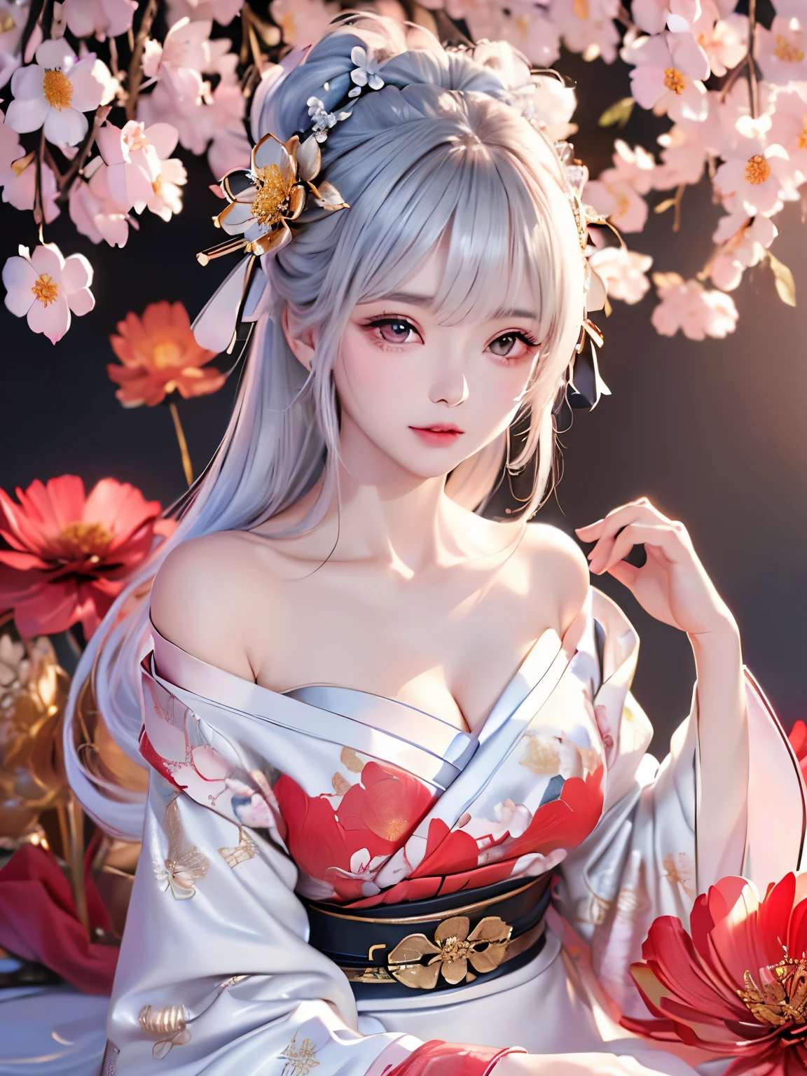 ((alone、A woman wearing a kimono with a flower pattern.、Woman posing elegantly while sitting:1.4、Detailed face、Bright expression、Younger, brighter, whiter skin、Best Looks、The ultimate beauty、Silver hair with dazzling highlights、Shiny bright hair,、arranged hairstyle:1.2、髪がwindで踊る))(Surrounded by flowers、wind、幻想的なwind景、)((Off-the-shoulder style、Exposing shoulders、Expose the neck、Exposing cleavage:1.2))The sleeves of the kimono are connected((Black kimono with red obi、Flower pattern:1.3)
